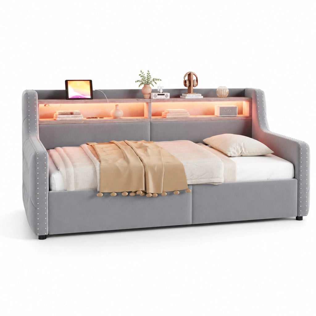 Divano letto imbottito 90 x 200 cm con contenitore idraulico, LED, presa USB e tipo C, velluto, Grigio chiaro