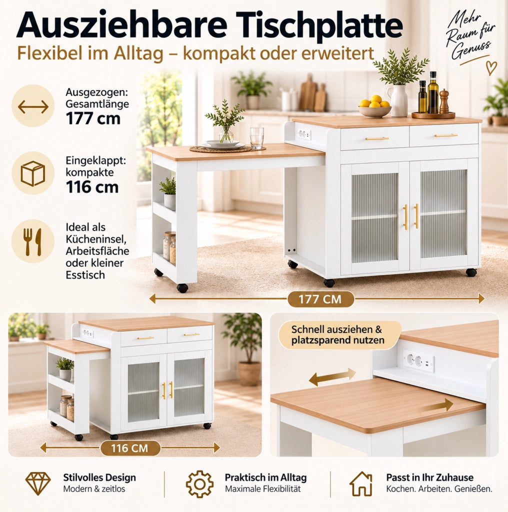 Isola cucina mobile con piano allungabile 116/177 cm; prese EU e USB; bianca