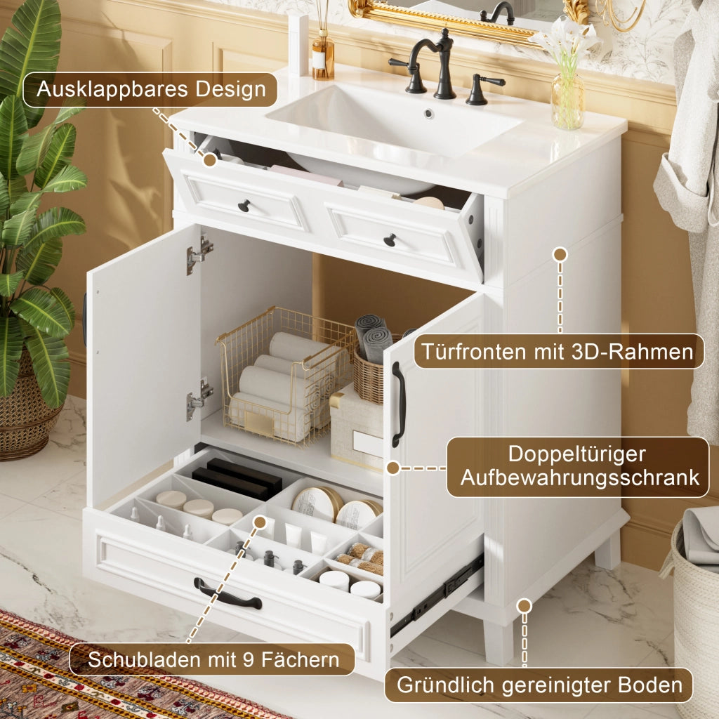 Mobiletto con lavabo in ceramica integrato con armadietto e 9 scomparti MDF bianco 77 × 46 × 86 cm