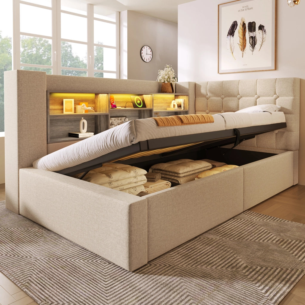 Letto 90x190 cm con LED; contenitore e porte di ricarica in lino beige