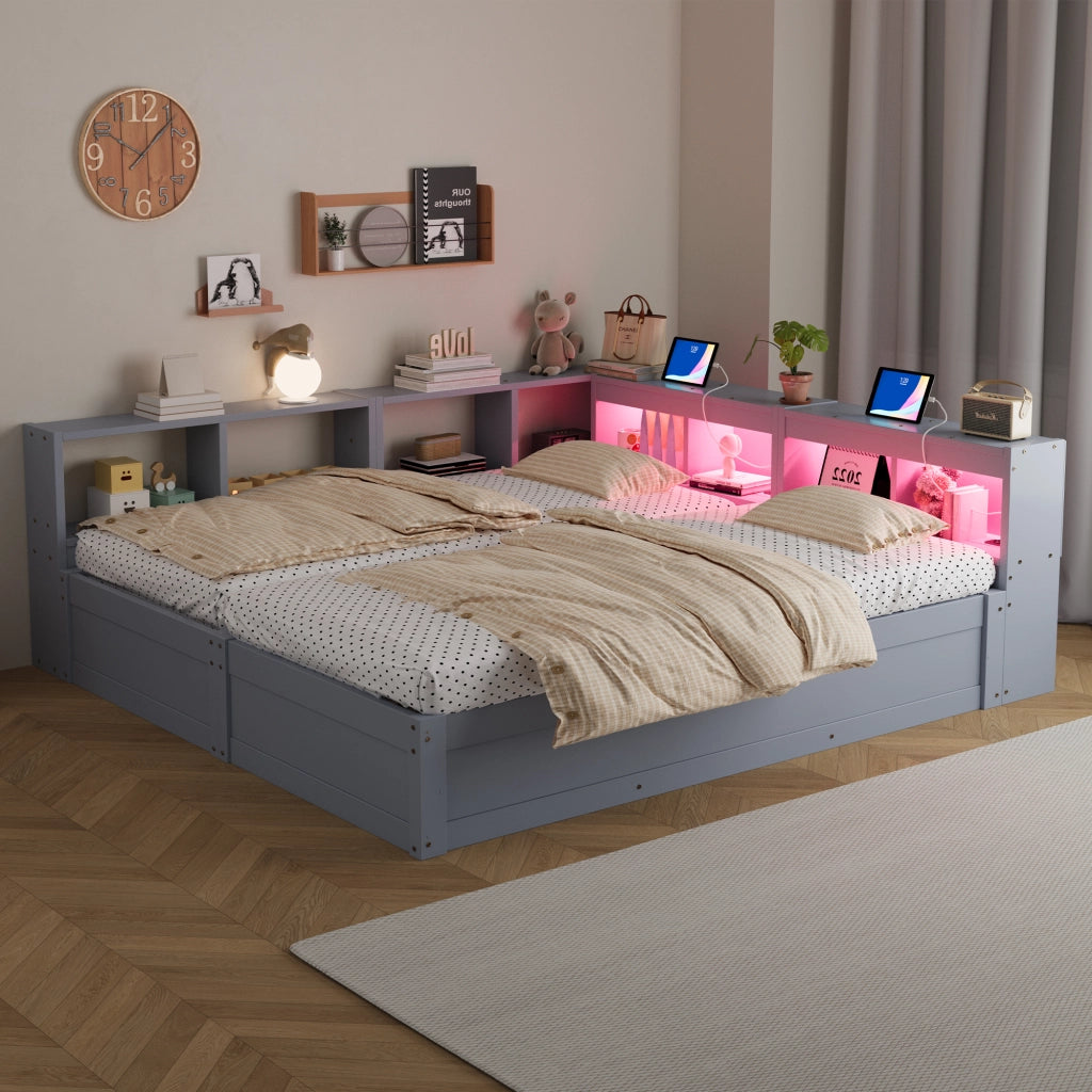 Letto matrimoniale 180×200 cm e 90×200 cm con presa; LED e contenitore; senza materasso; MDF; grigio