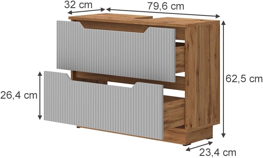 Mobile sottolavabo per bagno Lotta, Rovere/grigio a righe, 79.6 x 62.5 cm con 2 cassetti