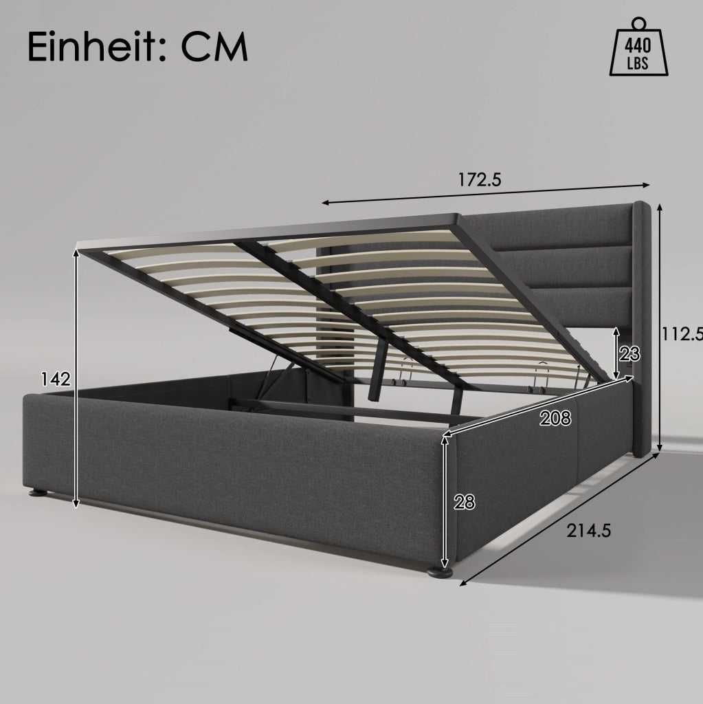 Letto matrimoniale imbottito con contenitore 160x200 cm; materasso incluso; rivestimento in lino grigio