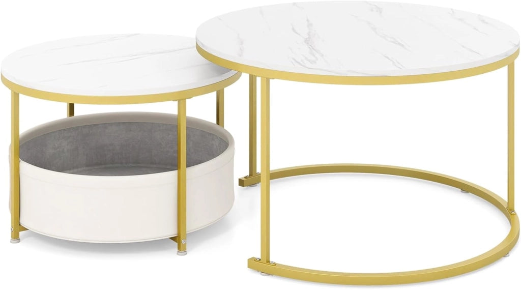 Tavolino rotondo da caffè, set di 2 tavolini con cestino portaoggetti, telaio in metallo, φ80 cm + φ60 cm, comodini per soggiorno, ufficio, camera da letto