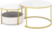 Tavolino rotondo da caffè, set di 2 tavolini con cestino portaoggetti, telaio in metallo, φ80 cm + φ60 cm, comodini per soggiorno, ufficio, camera da letto