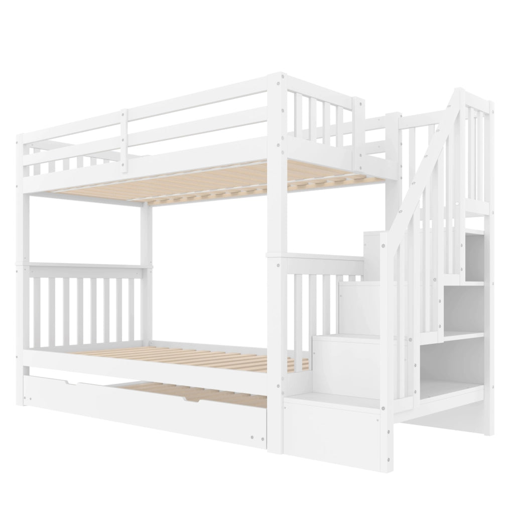 Letto a castello 90x200 cm con letto estraibile e scala con ripiani in pino bianco