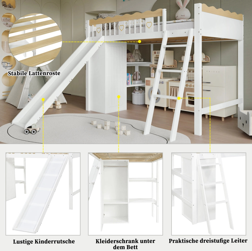 Letto a soppalco bambini 90x200 cm con scivolo e armadi