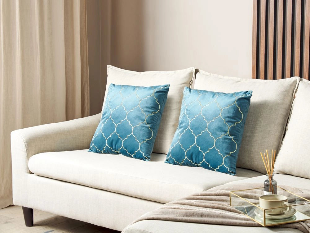 Set di 2 cuscini decorativi velluto blu 45 x 45 cm con frange e motivo orientale elegante glamour