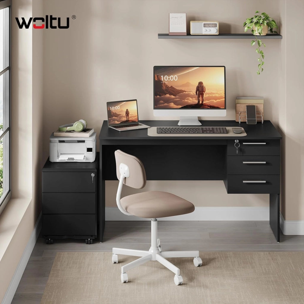 Scrivania con 3 Cassetti, 120x60 cm, Tavolo da Lavoro, Scrivania per Computer, Porta PC in Legno, Nero
