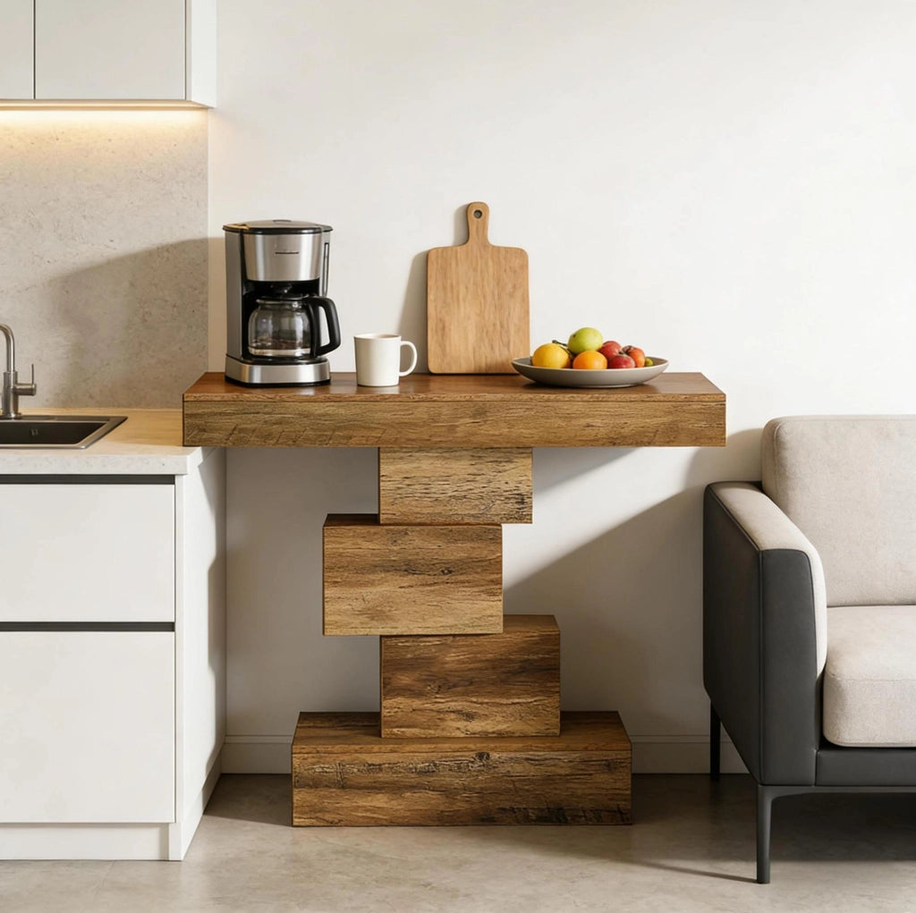 Tavolo consolle in legno con base geometrica, stile rustico e design funzionale