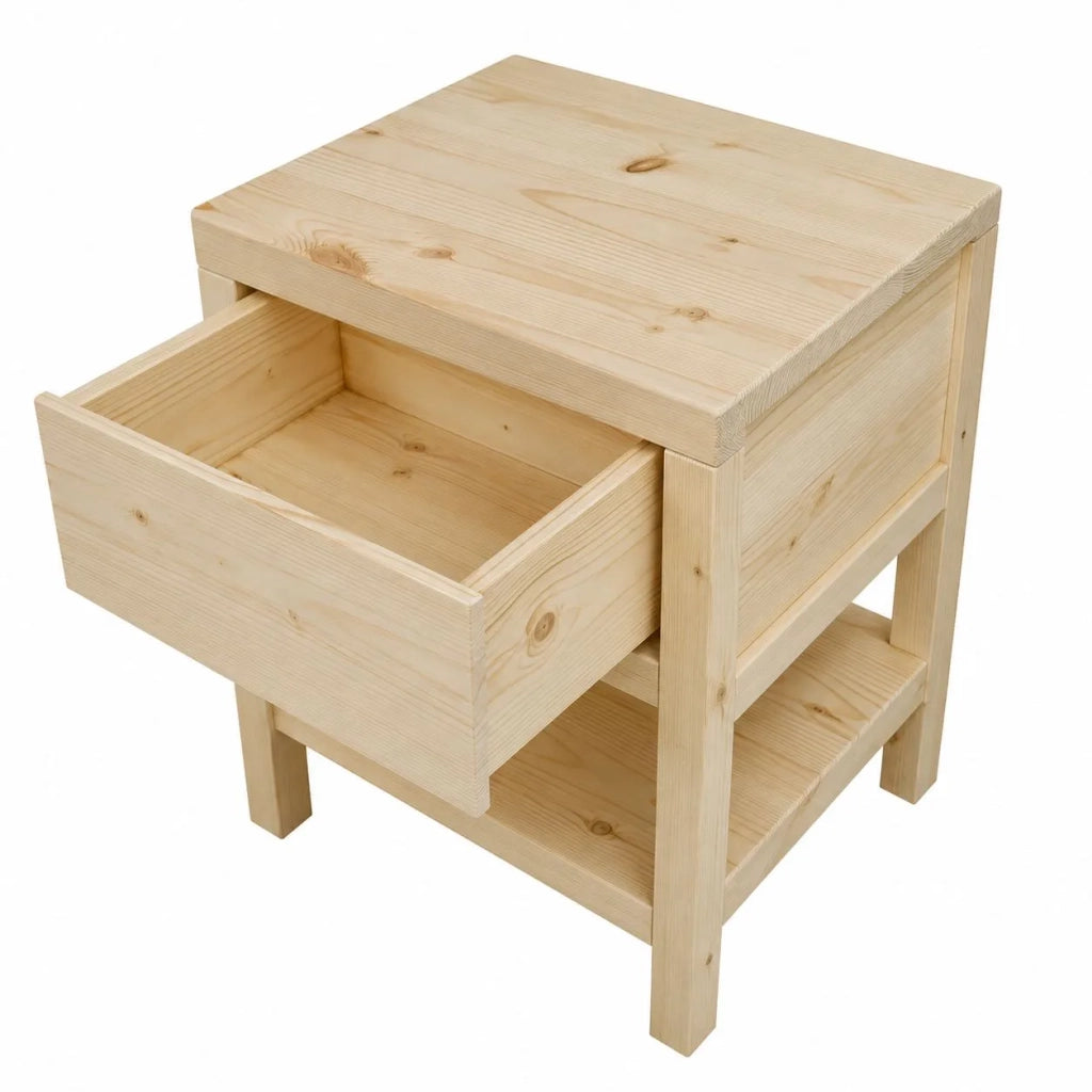 Comodino 1 cassetto 1 ripiano legno massello abete grezzo 45x38x60 (3304) - Mobili 2G