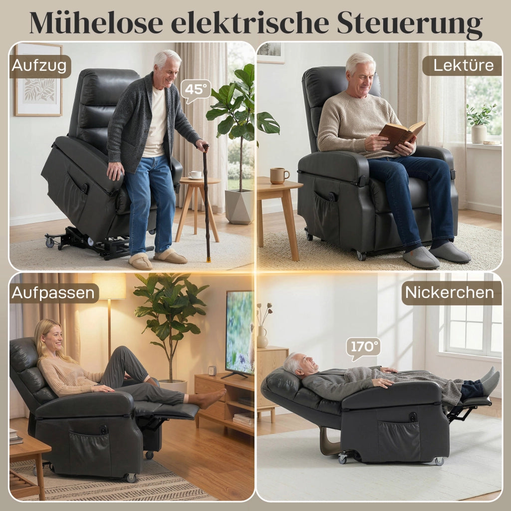 Poltrona Relax Elettrica Alzapersona ¨C Xylo ¨C Reclinabile con Massaggio e Poggiapiedi, Grigio Scuro