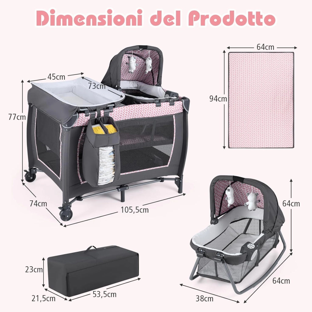 Culla Campeggio Bambini 5 in 1, Lettino Viaggio Neonati Pieghevole con Materasso, Fasciatoio e Tettoia, Box Portatile con Ruote, 2 Giocattoli Appesi e Carillon, per Bambini 0-3 Anni (Rosa)