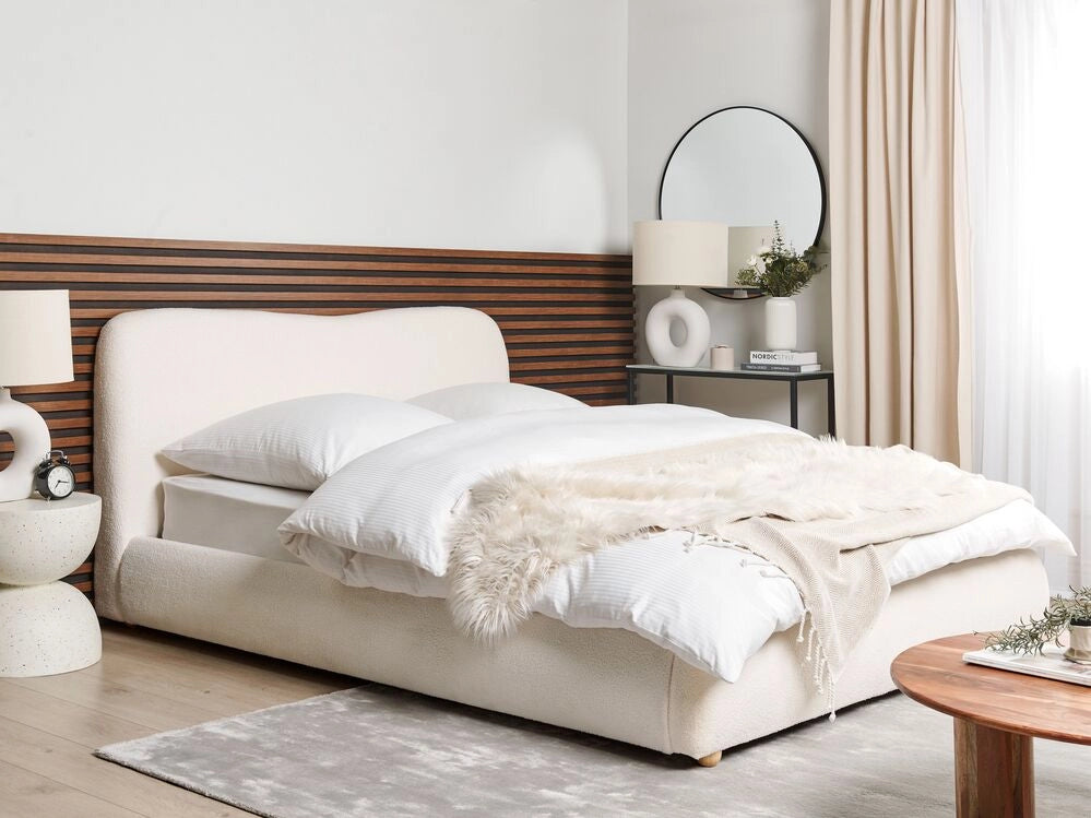 Letto contenitore Bianco Boucle Poliestere Tessuto 160 x 200 cm Design moderno e minimalista