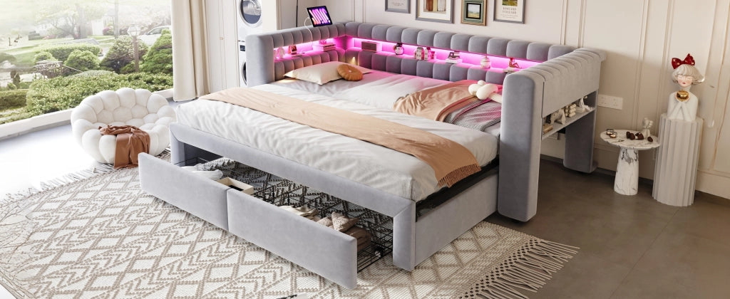 Divano letto con letto estraibile e cassetti, 90/180x190 cm, grigio chiaro