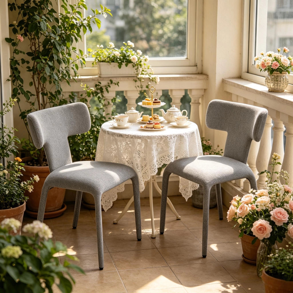 Set di 2 sedie moderne in lino grigio con schienale curvo, base in metallo e ruote