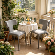 Set di 2 sedie moderne in lino grigio con schienale curvo, base in metallo e ruote