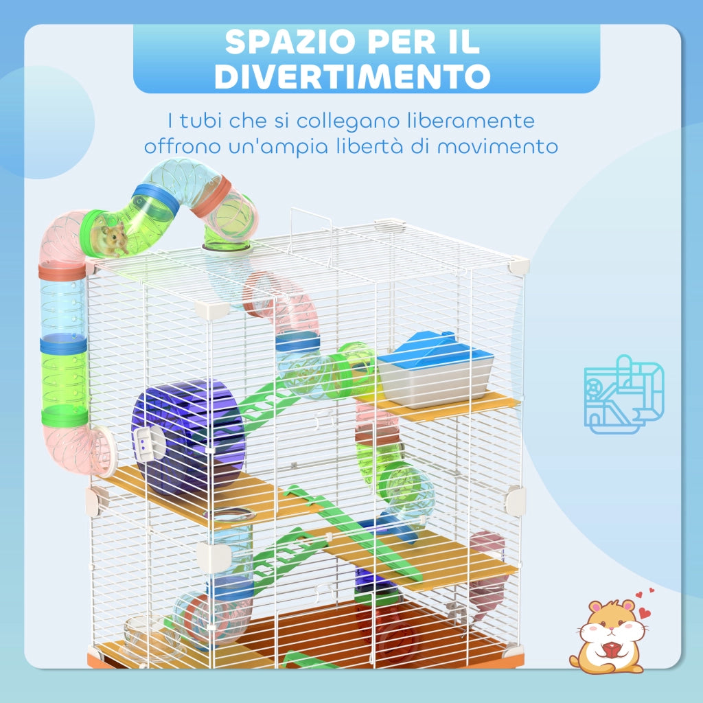 Gabbia per Criceti a 5 Livelli 46x30x58 cm con Tubi Ruota Scale Casetta e Bottiglia in Metallo e PP Arancione