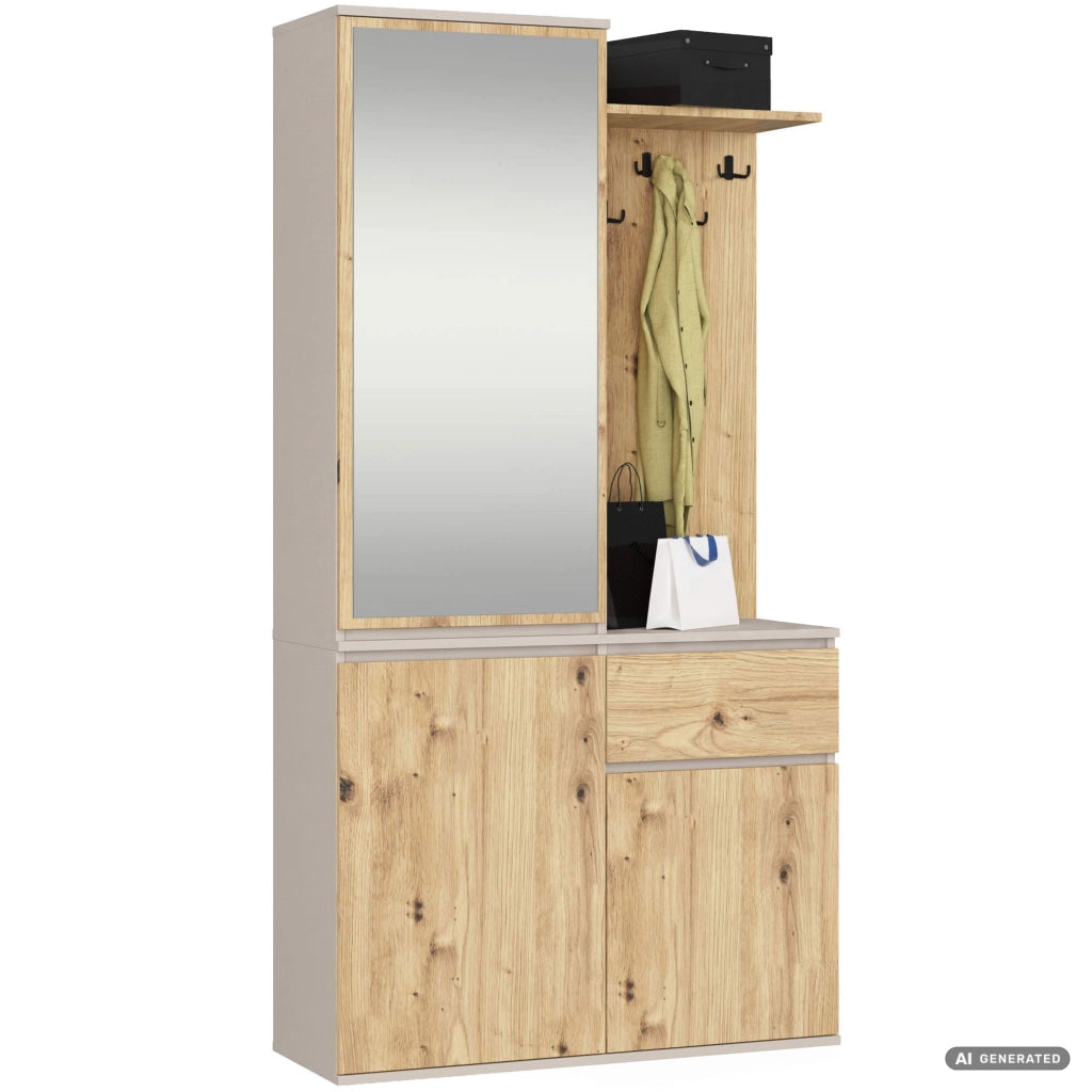 Mobile ingresso ENTRO 95 cm con specchio appendiabiti e scarpiera Cashmere e Rovere Artisan