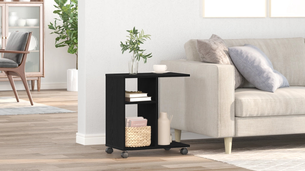 Tavolino con Ruote Nero Rovere 50x30x55 cm in Legno Ingegnerizzato