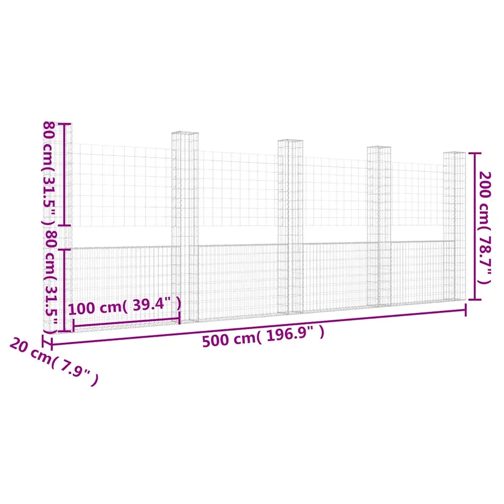 Gabbione a U con 5 Pali in Ferro 500x20x200 cm 151292