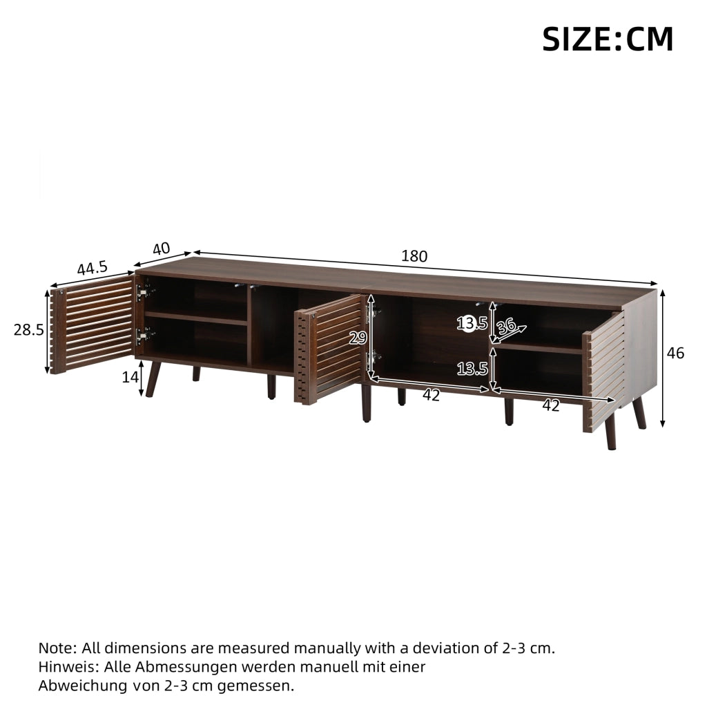 Mobile TV 180x40x46 cm per TV fino a 75 pollici, 4 ante a griglia, 6 vani interni, colore noce, MDF e truciolare