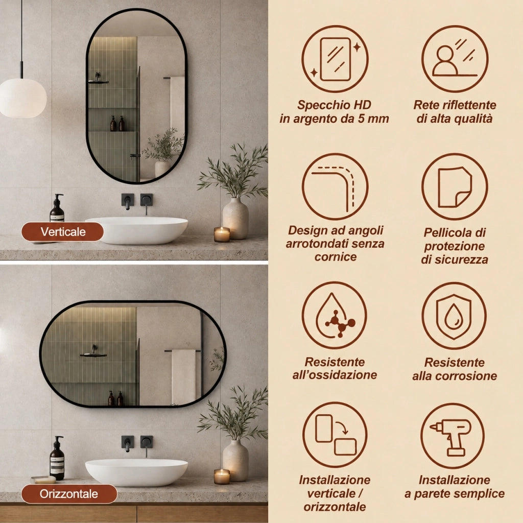 Specchio da parete ad arco 60x90 cm con cornice in alluminio nero; vetro antiesplosione
