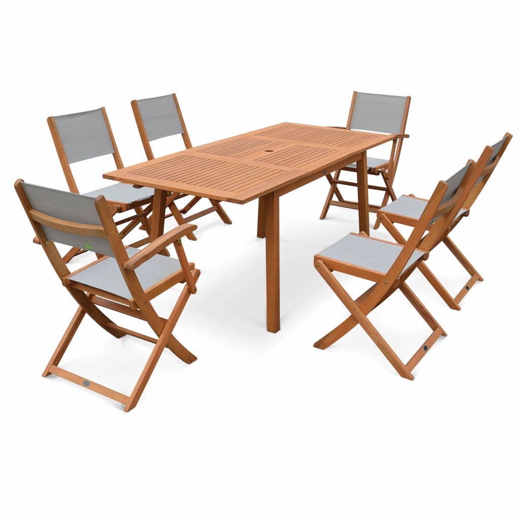 Set tavolo da giardino rettangolare allungabile in legno con 6 sedie,