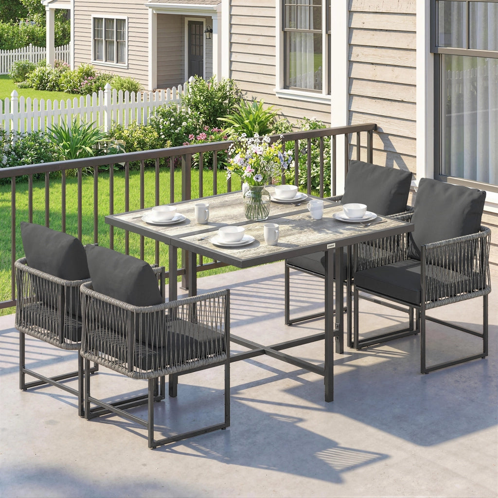 Set di mobili da giardino in polirattan a 5 pezzi; tavolo e 4 sedie; piano DPC; cuscini grigi; risparmio spazio