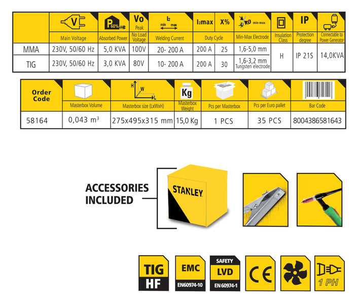 Saldatrice a TIG Inverter Stanley TIG201 i Hf-Dc con Valigetta