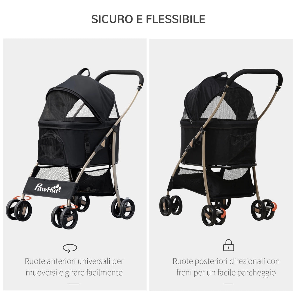 EasyComfort Passeggino per Cani Pieghevole con Trasportino Rimovibile e Tettuccio, 82x49.5x98cm, Nero