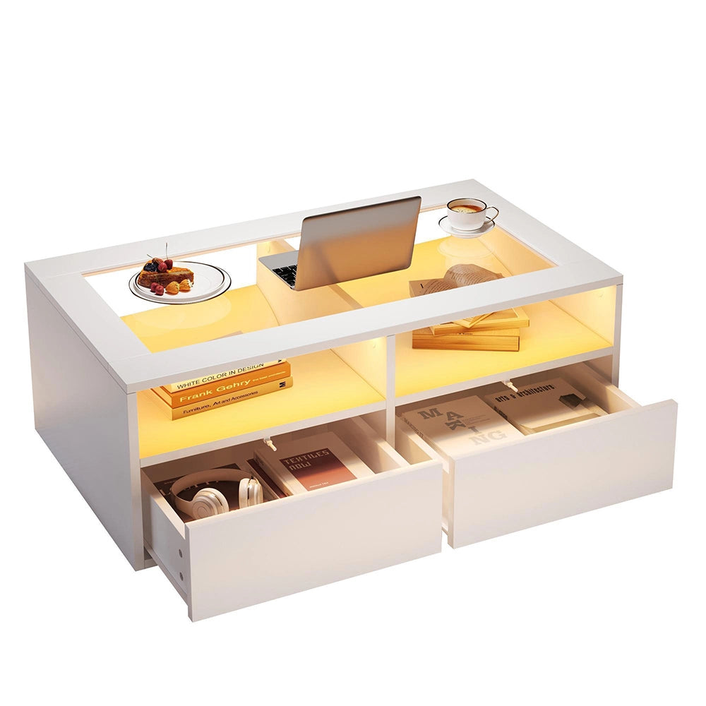 Tavolino LED - Xylo - 100x50cm vetro 2 cassetti bianco