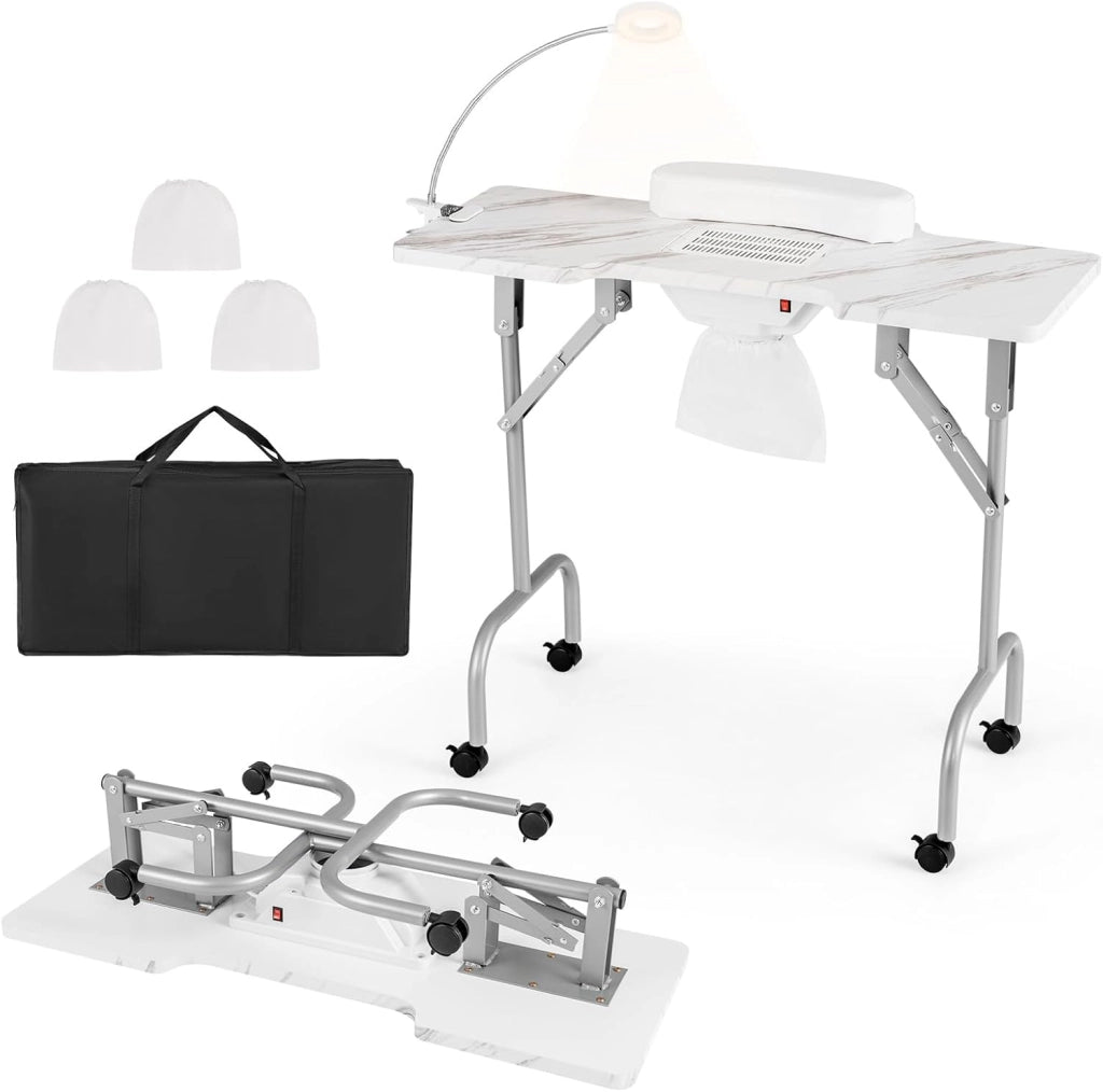 COSTWAY Tavolo per Manicure Pieghevole con Aspiratore Elettrico, Tavolo per Unghie Portatile con Luce LED, Cuscino Poggia Polso Clienti, Borsa e 4 Ruote Bloccabili (Bianco)