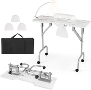 COSTWAY Tavolo per Manicure Pieghevole con Aspiratore Elettrico, Tavolo per Unghie Portatile con Luce LED, Cuscino Poggia Polso Clienti, Borsa e 4 Ruote Bloccabili (Bianco)