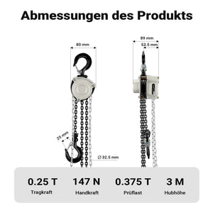 Paranco a catena manuale V21-0,25, capacità di carico 250 kg, altezza di sollevamento 3 m, leggero e compatto, per impieghi gravosi