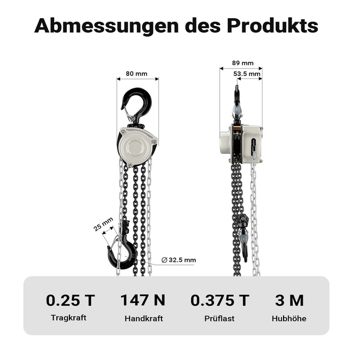 Paranco a catena manuale V21-0,25, capacità di carico 250 kg, altezza di sollevamento 3 m, leggero e compatto, per impieghi gravosi