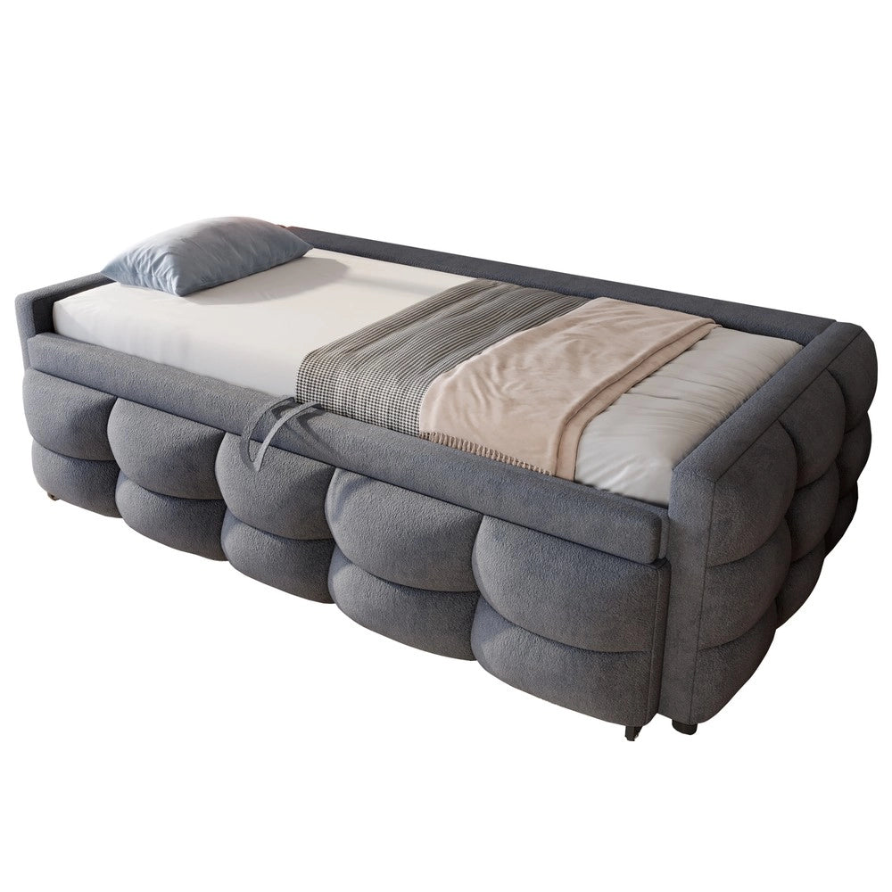 Letto Imbottito Estraibile ¨C MINIMAL ¨C Teddy Velluto Grigio, 90x190/180x190, Rete a Doghe
