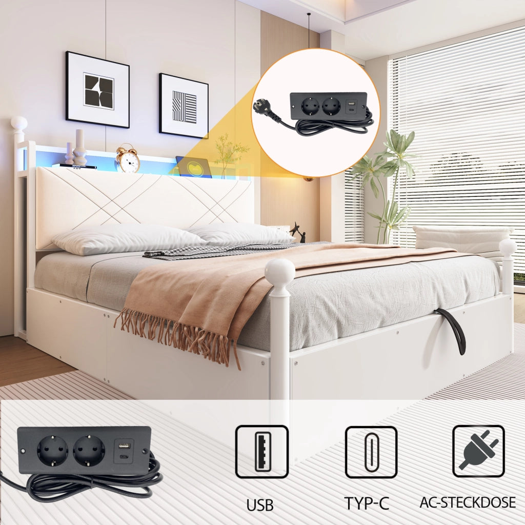 DESMIU Letto a baldacchino 140 × 190 cm 2 posti con vano contenitore, LED, USB e Type-C, senza materasso, bianco