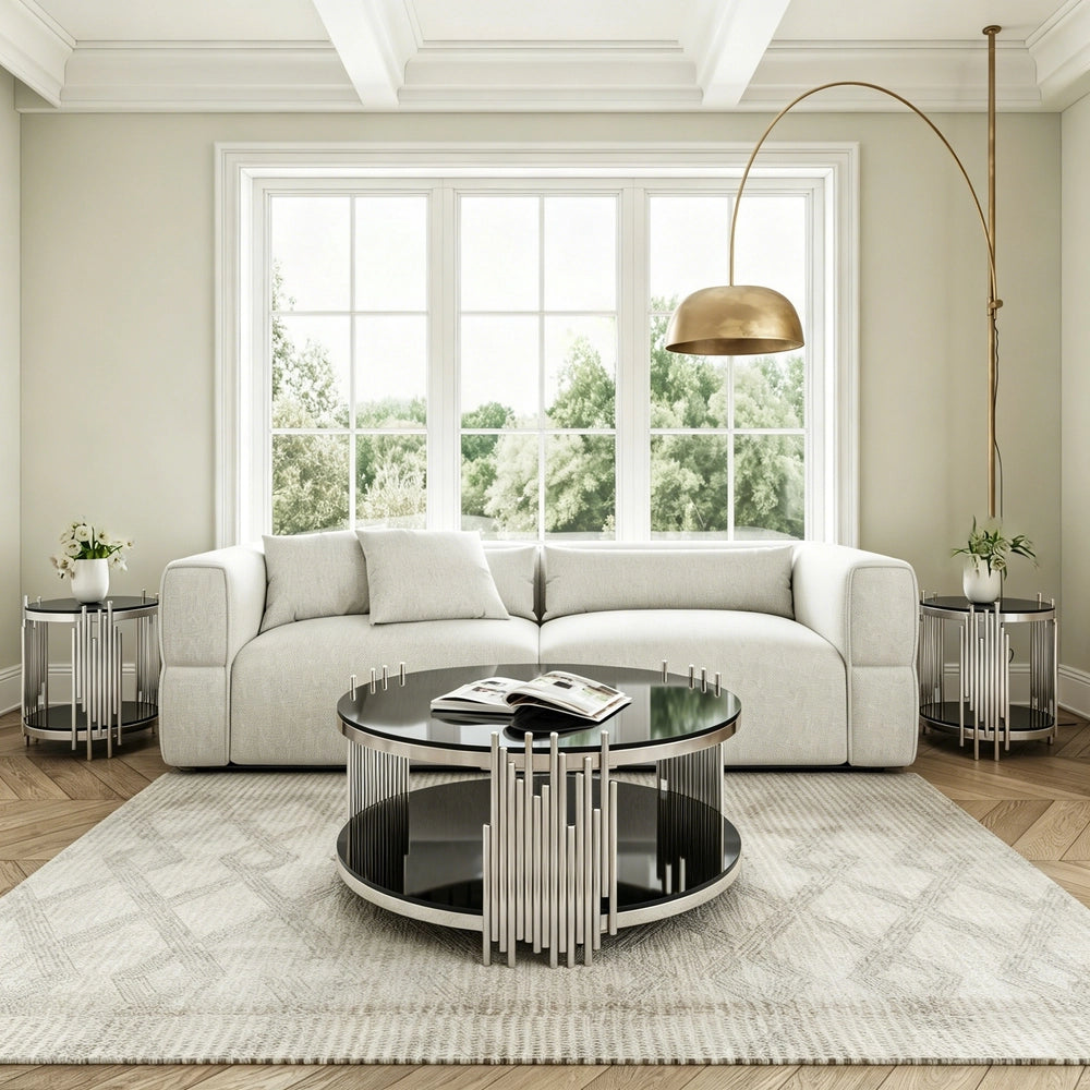 Tavolino da Caff¨¨ Rotondo in Vetro ¨C MINIMAL ¨C Nero, Piano Doppio, Base Acciaio, ?80 cm