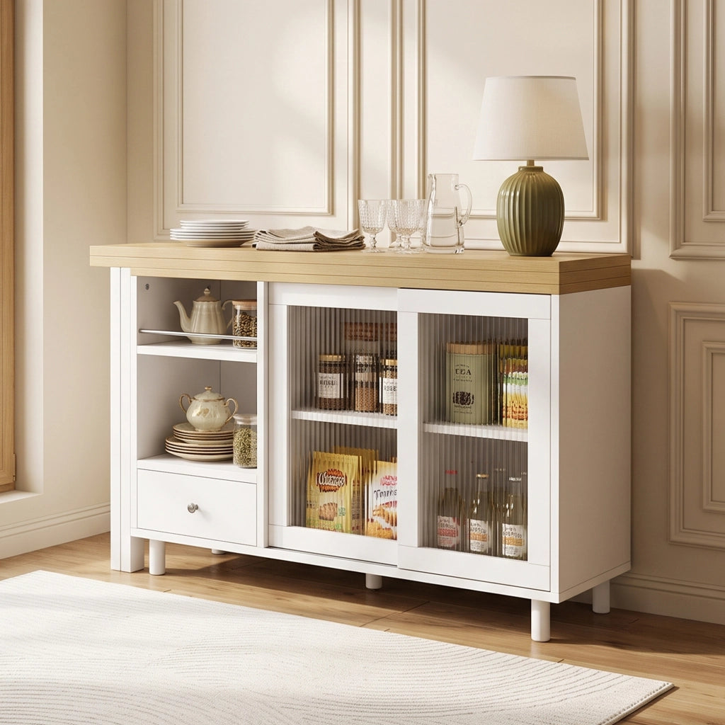 Tavolo da pranzo pieghevole allungabile 120x40x75;5 cm con contenitore; piano girevole 360°; MDF/metallo/vetro; bianco