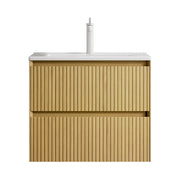 Mobile bagno sospeso con lavabo integrato in ceramica e 2 cassetti con chiusura ammortizzata; rovere e bianco