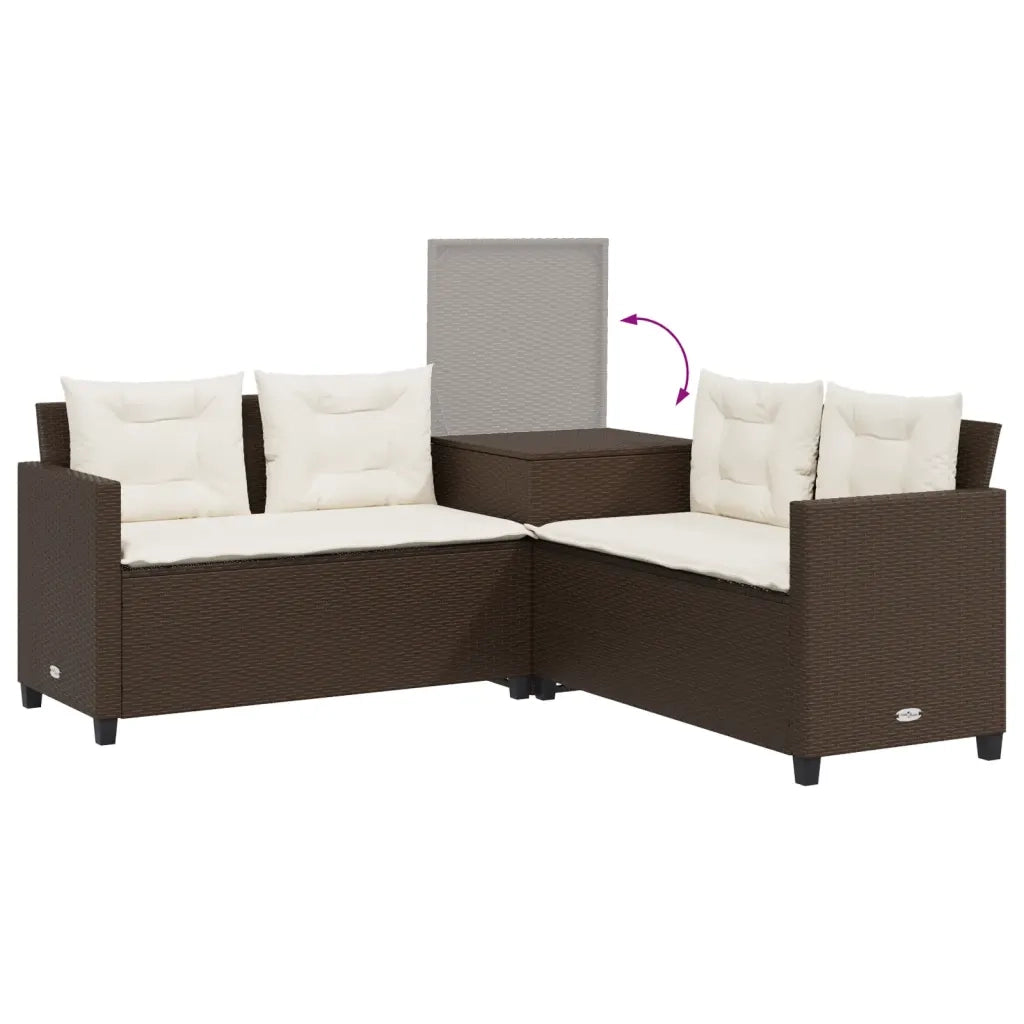 Divano da Giardino con Tavolo e Cuscini a L-Sofa da Giardino-Divano da esterno Marrone Polyrattan 764401