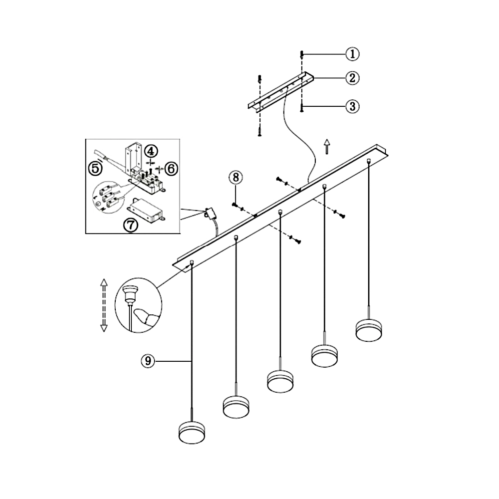 Lampada a sospensione Dunk 5 luci Fabas Luce - LED 40W dimmerabile - Alluminio Spazzolato Design lineare