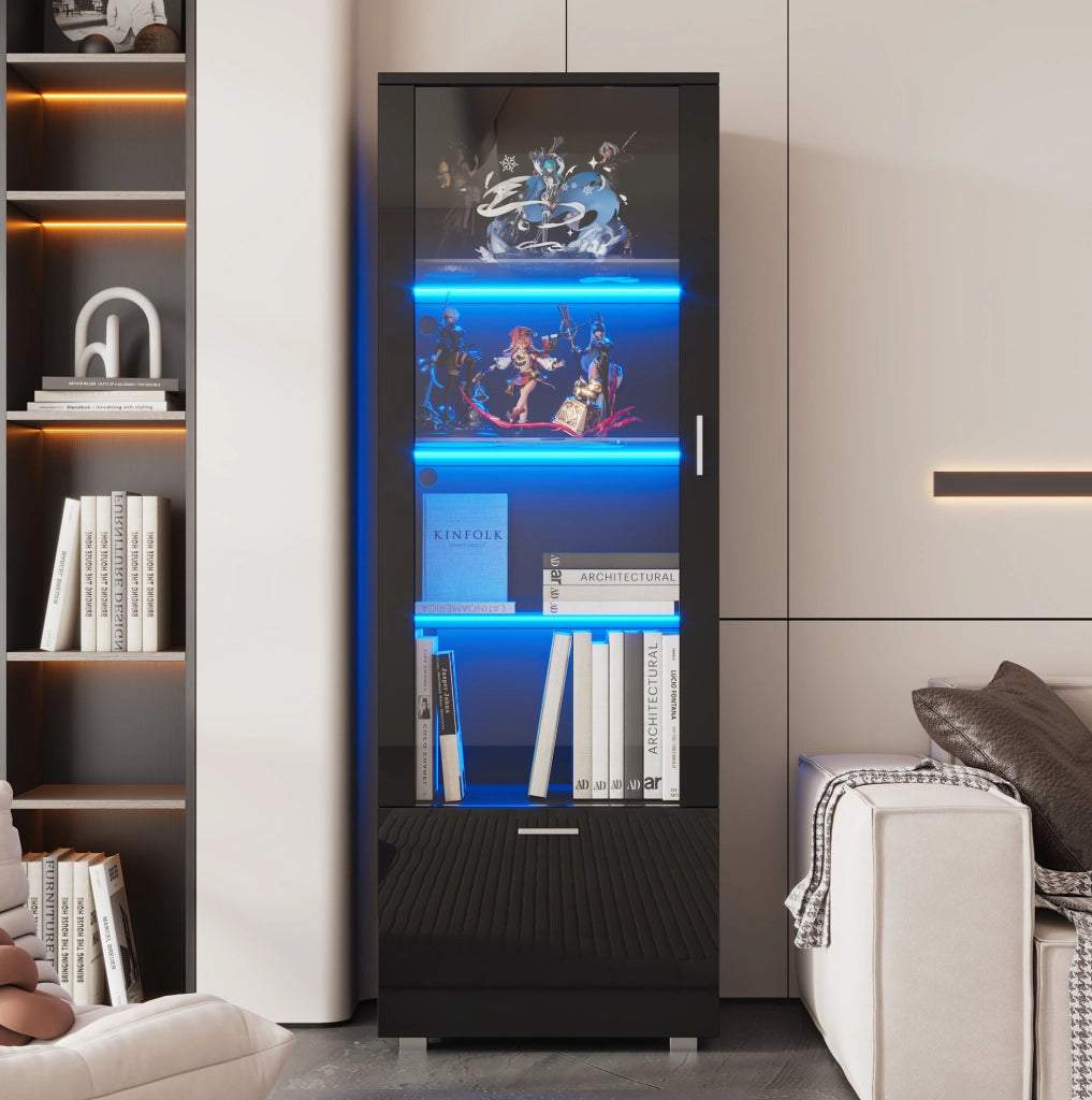 Vetrina alta nera lucida 40x50x160 cm con LED; ante in acrilico e ripiani in vetro temperato