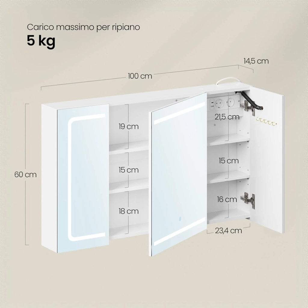 Mobile Bagno con Specchio e Luce, Armadietto Bagno a 3 Porte con Ripiani Regolabili, Ganci e Prese, Luce Tattile a 3 Colori, per Appartamento, Bianco, 100x14,5x60 cm, Nordico