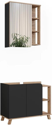 Set di mobili da bagno Karen, Sonoma/antracite, 80 cm, composto da specchio da bagno e mobile sottolavabo