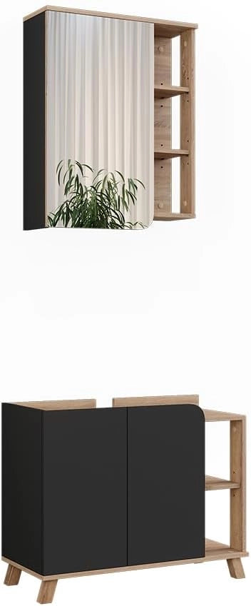 Set di mobili da bagno Karen, Sonoma/antracite, 80 cm, composto da specchio da bagno e mobile sottolavabo