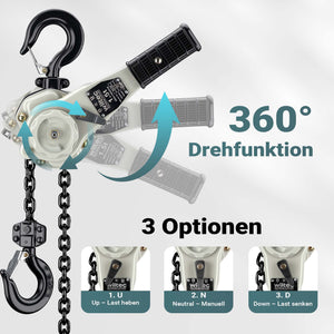 Paranco a leva 1,5 t x 1,5 m, paranco a catena compatto con impugnatura girevole a 360°, per lavori di sollevamento in spazi ristretti