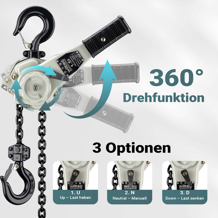 Paranco a leva 1,5 t x 1,5 m, paranco a catena compatto con impugnatura girevole a 360°, per lavori di sollevamento in spazi ristretti