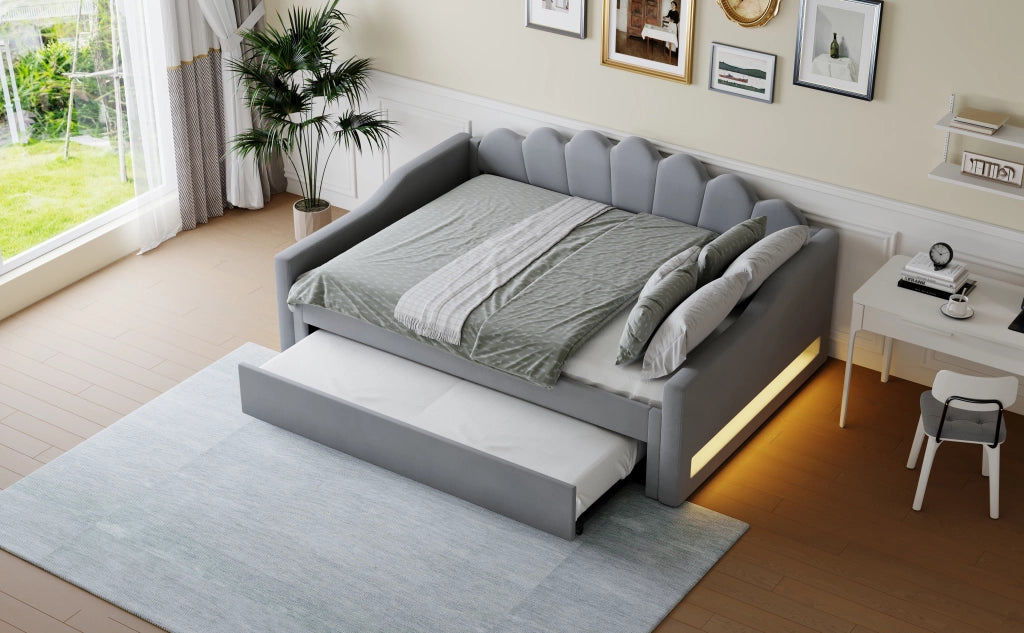 Daybed imbottito con LED e letto estraibile, 140x200 cm, grigio